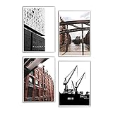 4er Hamburg Poster Set für dein Wohnzimmer - Hamburg Elbphilharmonie Schwarz Weiß - Speicherstadt Bilder - Kräne - ohne B