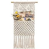 Mkouo Makramee Zeitschrift Storage Organizer Posthalter Wall Mount Baumwolle Wovening Hanging Pocket,Boho Home Decor, Ivory,33cm (W) × 73cm (L)