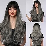 HAIRCUBE Langes lockiges Haar Perücke für Damen Ombre Schwarz bis Grau Perücken HAIRCUBE Kunsthaarperücke…
