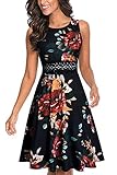 HOMEYEE Damen Vintage Rundhalsausschnitt ärmellosen Blumen Bestickt knielangen Cocktailkleid UKA079 (M, Gelb Floral + Schwarz)