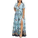 Strandkleid Damen Kurzarm Druck Hollow Wickelkleid Kleid Damen Elegant V Ausschnitt Damen Kleid Sommerkleid Damen Sexy Rüschen Minikleid Damen Kleid Sommer Casual Slim Fit Body