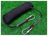 QHY Outdoor-Kletterseil, 16 mm, Sicherheitsseil, Nylon, robust, statisches Seil, Baumklettern, Abseilen, mit Haken, Feuerrettung, Flucht, Fallschirm (Farbe: Schwarz, Größe: 30 m x 16 mm)