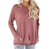 Frauen Langarm Tops Einfarbig T-Shirt Tunika Lässige Bluse Rundhals Hanky Saum Lose für Damen Plain Casual Stretchy T Basic Fit T-Shirt Top Damen Rundhals Fledermaus Langarm lose T-S