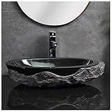 YLR Retro-Becken Aufsatzwaschbecken， Antikes Marmor Aufsatzwaschtisch，Moderne Kunst Nordisches Chinesisches Handwaschbecken Für WC-Badezimmer Waschplatz(Size:Einzelbecken,Color:Kohlenschwarz)