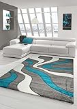 Designer Teppich Moderner Teppich Wohnzimmer Teppich Kurzflor Teppich mit Konturenschnitt Wellenmuster Türkis Grau Weiss Größe 120x170