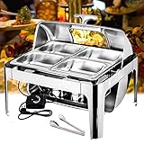 DBMGB Speisenwärmer Elektrisch Buffet, Buffetwärmer Chafing Dish Elektrisch mit Rolltop and Essensclip, Wärmebehälter für Essen - 0°-90° Temperatur Einstellbar, 9L