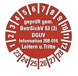 100 Stück - Prüfplakette Mehrjahresprüfplakette'geprüft gemäß Leitern/Tritte, BetrSichV §3 | 23-28' Etikett Folie Aufkleber, rot | Ø15-40mm Made in Germany, Größe: Ø40