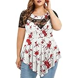KGLHTYU Tunika Damen Große Größen Damen T-Shirt Kurzarm O-Ausschnitt Kurzarm Sommer T-Shirt Damen Lässig Locker Tops Rundhalsband Spitze Tunika Bluse Shirt Casual Locker Blumen Tunika Top