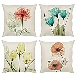 Bonhause 4er Set Kissenbezüge 45 x 45 cm Blumen Tulpen Rose Mohn Polyester Leinen Dekorative Kissenhülle Zierkissenbezüge für Sofa Schlafzimmer Wohnzimmer Auto Zuhause Dek