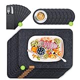 Airsnigi Platzsets Tischset Filz, 24er Set Platzset Abwischbar Platzdeckchen mit 8X rutschfest Platzset, 8X Filzuntersetzer, 8X Bestecktaschen, Abwaschbar Tischsets- Groß 44x32cm - Schw