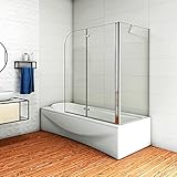 Aica Sanitär Badewannenaufsatz Eck Duschwand Badewanne 2-tlg.Faltwand mit Seitewand 6mm Nano Glas H140