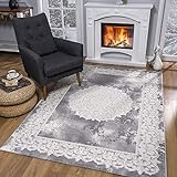 SANAT Teppiche für Wohnzimmer - Teppich Grau, Kurzflor Orientteppich, Öko-Tex 100 Zertifiziert, Größe: 80x150