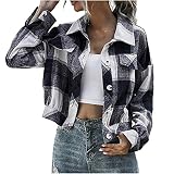 Wave166 Frauen Kurze Kariertes Hemd Langarm Holzfällerjacke Oversized Hemdbluse Urban Style Freizeithemd Western-Cowboy Jeansjacke Herbst Langarmshirt M
