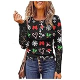 Weihnachtenpullover Damen Spitze Langarm Bluse T-Shirt Herbst-Winter Rundhals Weihnachten Motiv Bedruckt Langarmshirt Damen Mode Lässig Basic Shirt Weich Bequeme Baumwolle Tops Ob