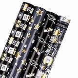 RUSPEPA Abschlusspapier-Geschenkpapierrolle - Schwarzgold-Grabenkappe Und Sternendesign Perfekt Für Feierlichkeiten, Partygeschenkverpackung - 4 Rollen - 76 cm X 305 cm Pro R