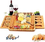 Bossjoy Bambus Käsebrett mit Käsewerkzeugen, Käseplatte Charcuterie-Brett-Platten-Set Serviertablett für Weincracker Brie und Fleisch, großer Dicker Holzserver, Hauswärmgeschenk für Feinschmeck