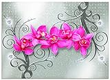 Artland Küchenrückwand Glas mit Motiv Spritzschutz 90x65 cm Pflanzen Blumenbilder Digitale Kunst Pink Rosa Orchidee auf Ornamenten U1QT