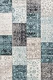 LIFA LIVING 80 x 150 cm Vintage Teppich für Wohnzimmer und Schlafzimmer, Wohnzimmerteppich mit Muster Patchwork, Blau Grau, aus weicher W