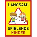 XXL Achtung Kinder Schild (32x44 cm Kunststoff) - Warnschild spielende Kinder - Vorsicht Hier Spielen Kinder - Bitte langsam F