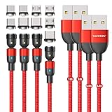 Schnelllade Ladekabel Magnetisch 540°, VAFOTON 3 in1 USB C Magnet Ladekabel[2Stück,1m+2m], 3A Schnelllade & Datenübertragungs Handy Ladekabel für Micro USB,Type C,Andere,Samsung (4Pack-Rot)