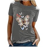 Y2K Butterfly Print T-Shirt Frauen Tops Casual Tiermotiv Pullover O-Ausschnitt Kurzarm Tunika Bluse Teenage Girls Streetwear(L,Grau)