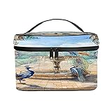 CIKYOWAY PU Kosmetiktasch,Blumen Aquarell Pfauen Bunter Frühling Europäischer Garten mit Springbrunnen,Tragbare Wasserdicht Makeup Tasche Organizer Kulturtasche mit,Tragegriff 25×18×15