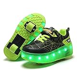 Unisex Kinder LED Licht USB Wiederaufladbar Skateboardschuhe mit Doppelrad Rollen,Drucktaste Einstellbare Rollerblades Skates, Outdoor Sport Fitnessschuhe Gymnastik Running Sneaker für Jungen M
