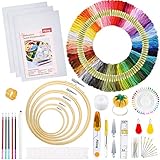 Pllieay Stickerei Starter Set, Stickerei Set, Kreuzstich Starter kit mit Anleitung, 5 Bambus-Stickrollen, 100 farbige Fäden, 3 Aida-Tücher und Kreuzstich-Werkzeug-Set zum N