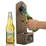 AHDECOR Flaschenöffner zur Wandmontage Bierkappenöffner mit Kronkorkenauffangbehälter aus Vintage-Holz für Bar Party Küche Deko, Geschenk für Männer und Bierliebhaber(Bottle Opener)