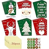 36 Stück Weihnachtskarten，Kreative Weihnachtsgrußkarten，Set 36 Weihnachtskarten mit Umschlag，Weihnachtskarten，Weihnachtskarte Postkarte，Doppelkarten/Klappkarten mit Briefumschlag