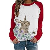 Masrin Mask Frauen Pullover Damen Casual Animal Rabbit Print Sweatshirt O-Ausschnitt Langarm Farbblock Patchwork T-Shirt Tops Bluse(L,Rot)