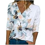 Hevoiok Damen Oberteile Mode Sexy Freizeit Herbst V Ausschnitt Hemdbluse Einfarbig Tasche Langarm Bluse Tops T-Shirt (Weiß, XL)