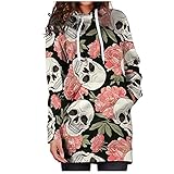 Kleid Damen, Sexy Kleid Damen, Kleid Damen Elegant, Frauen Kapuzen Langarm Hoodie Sweatshirt Tasche Totenkopf Blumendruck Kleider Mit Taschen und Kordelzug