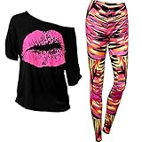 80er Jahre Damen Kostüm Set, Lips Druck T Shirt mit 80er Jahre Legging Pants, Casual Übergröße von der Schulter (Geometrical Line, XXXL)