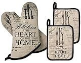 GREVY 1 Paar Lang Ofenhandschuhe 32 cm, mit 2 Hitzebeständige Topflappen set 18*23 cm(1 Paar und 2 Topflappen)