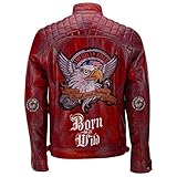 Leatheriza Herren Lederjacke - Born to be wild - Rote Bikerjacke handgefertigt mit echtem Lammfell - Vintage Cafe Racer Lederjacke mit Adler Aufdruck auf der Rückseite Gr. Medium,