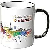 WANDKINGS® Tasse, Schriftzug Guten Morgen Karlsruhe! mit Skyline - SCHWARZ