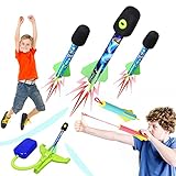 Gemeer Rakete Spielzeug, Kinderspielzeug Raketenwerfer, Outdoor Spiele, 4 Space Rockets und eine robuste Fußwerferhalterung können Rakete mit Zwei Fingern abschießen, gut als Geschenk Junge 6 J