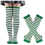 TOPKEAL Damen Halloween hohe Socken und Handschuhe Overknee Strümpfe Lange Kniestrümpfe Überknie Socken und Langarmhandschuhe Zweiteiliger Anzug Hohe Strümpfe Cosplay Gestreifte Socken und H