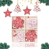 HONGECB Holz Weihnachten Anhänger, Weihnachten Anhänger Deko, Fünfzackiger Stern, Glocken, Rot Weiß Weihnachtsbaum Deko Holz, Holzanhänger Weihnachtsanhänger, für Weihnachtsdeko Verzierung