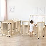 Dripex Baby Cabrio Kinderbett Holz Krippe Kiefer mit Rollen Holz Kinderbett unlackiert und nahtlos genäht Neugeborene Krippe multifunktionales Schlafsofa Laufgitter (100 x 65 cm)