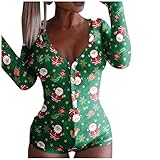 Weihnachten Damen Langarm Body mit V-Ausschnitt Overall Hausanzug Einteiler Strampler Pyjama Jumpsuit Overall Kurz Hosenanzug mit Schnalle Langarm Bodysuit Bodycon Trikot Short Overall Play