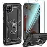 ivencase Samsung Galaxy A42 5G Hülle, 2 Stück Panzerglas, Silikon Soft TPU Bumper Hard PC Schutzhülle Handyhülle mit 360 Grad Drehbar Ringhalter Cover für Samsung Galaxy A42 5G - Schw