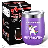 Teachercorn Lustige Kaffeetasse, Einhorn-Lehrer-Wertschätzungsgeschenk für Lehrertag, Geburtstag, Abschlussfeier, 340 ml, Edelstahl-Wein-Trommel mit Deckel, Strohhalm und Bürste (lila)