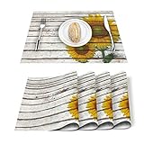 ARTSHOWING Set von 6 Tischsets Hitzebeständig für Esstisch Leinen Tischsets Floral Rechteckig Pad Platzset 30,5 x 45,7 cm – Rustikale Holzdielen mit Sonnenb