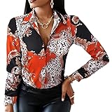 XUNN Damen Blusen Frauen Casual Button-Down Vintage-Druck Shirts Bunte Langarm Hemd Print Tops Lose Kragen Splice T-Shirts Sexy Herb