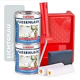 Wilckens Fliesenlack lichtgrau glänzend RAL 7035 - Fliesenfarbe grau 750ml im 6er Set mit Malerbügel inkl. 6 Lackwalzen, Farbwanne & Schleifschwamm zum Fliesen streichen für ca. 64