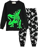 MOLYHUA Schlafanzug Jungen Glow in The Dark Kinder Dinosaurier Schlafanzüge für Mädchen Bagger Traktor Rakete Baumwolle Langarm Pyjama 92 98 104 110 116 122,03 Dinosaurier-fossil (Schwarz),122