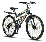 Licorne Bike Strong D Premium Mountainbike in 26 Zoll - Fahrrad für Jungen, Mädchen, Damen und Herren - Scheibenbremse vorne und hinten-Shimano 21 Gang-Schaltung-Vollfederung-Schwarz/Blau/L