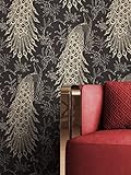 NEWROOM Tapete Schwarz Vliestapete Dschungel - Dschungeltapete Tropisch Gold Tiere Pfau Mustertapete Exotisch Natur Botanisch inkl. Tapezier-Ratgeb